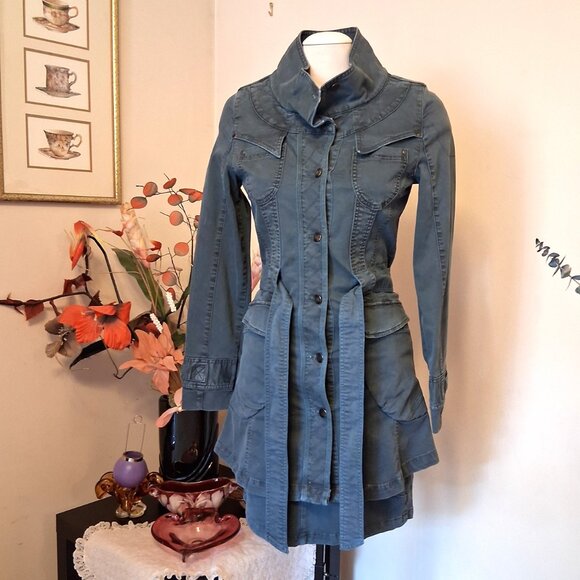 NWT I.AM.G Elegant Teal Blue Belted Stretch Cotton Chic Denim Trench Coat 38 - Picture 7 of 11